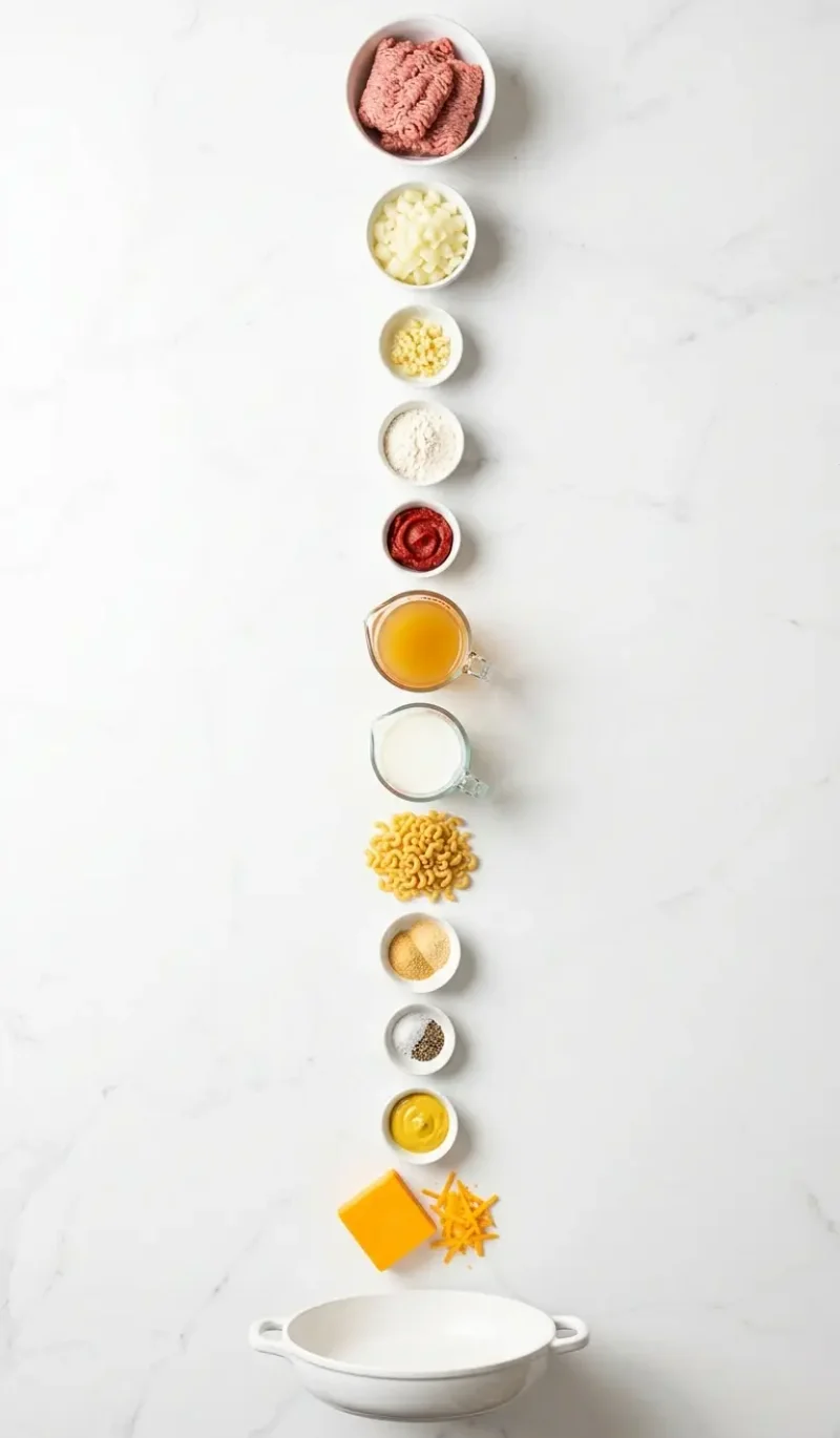 exploded view of all 13 ingredients for cheeseburger casserole arranged vertically on white marble