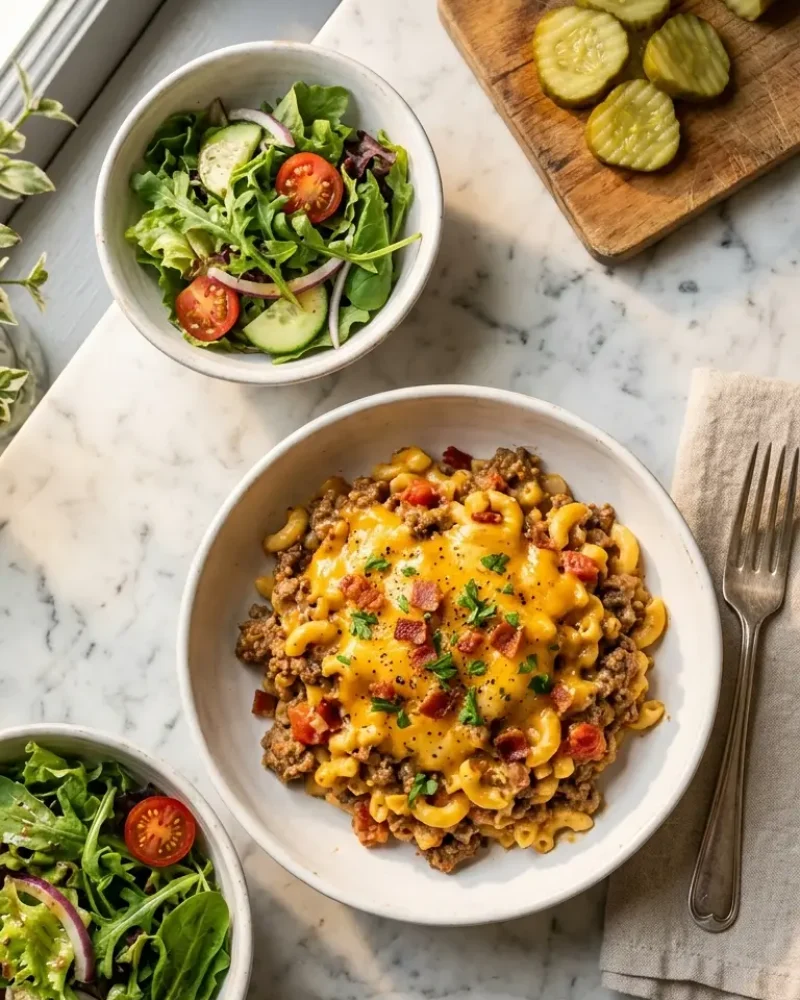 overhead view of cheeseburger casserole in a white bowl with side salad and pickles