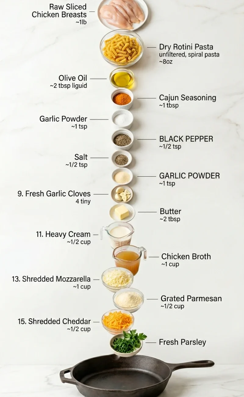 Overhead flat-lay of all 15 raw ingredients for Cheesy Cajun Garlic Chicken Rotini Skillet on white marble including chicken, rotini, cheeses, and Cajun seasoning.