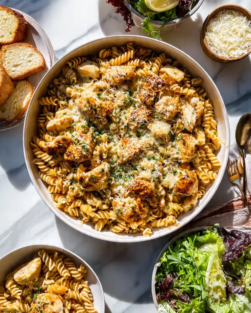 Overhead view of Cheesy Cajun Chicken pasta Rotini Skillet dinner spread with garlic bread, side salad, and extra Parmesan on white marble.