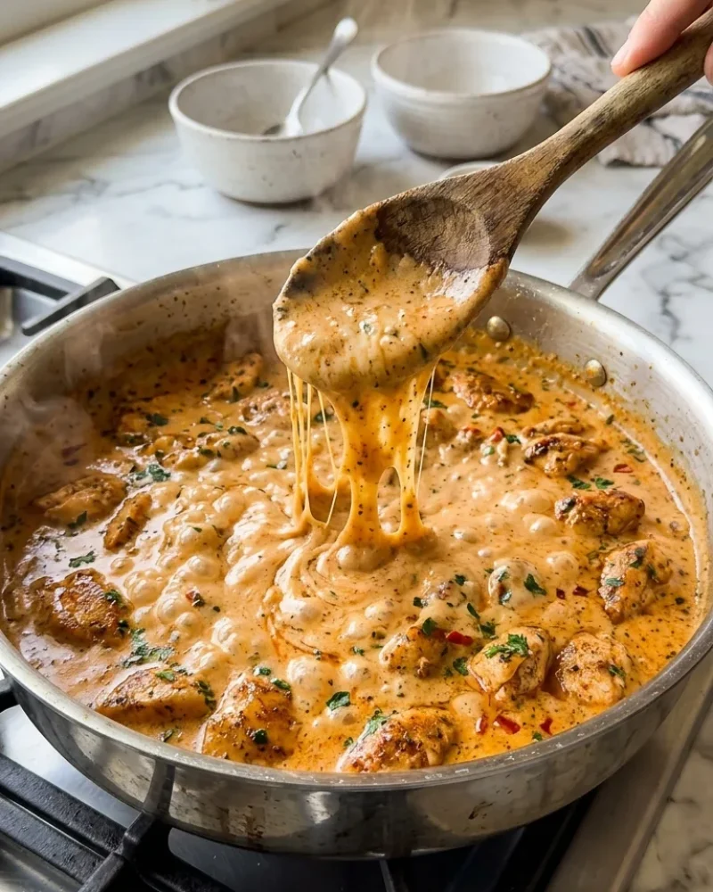Stirring creamy Cajun cheese sauce with chicken pieces in a skillet with steam rising and cheese stretching from a wooden spoon.