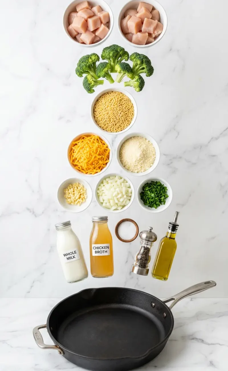 Exploded view of all ingredients for Cheesy Chicken Broccoli Orzo arranged vertically