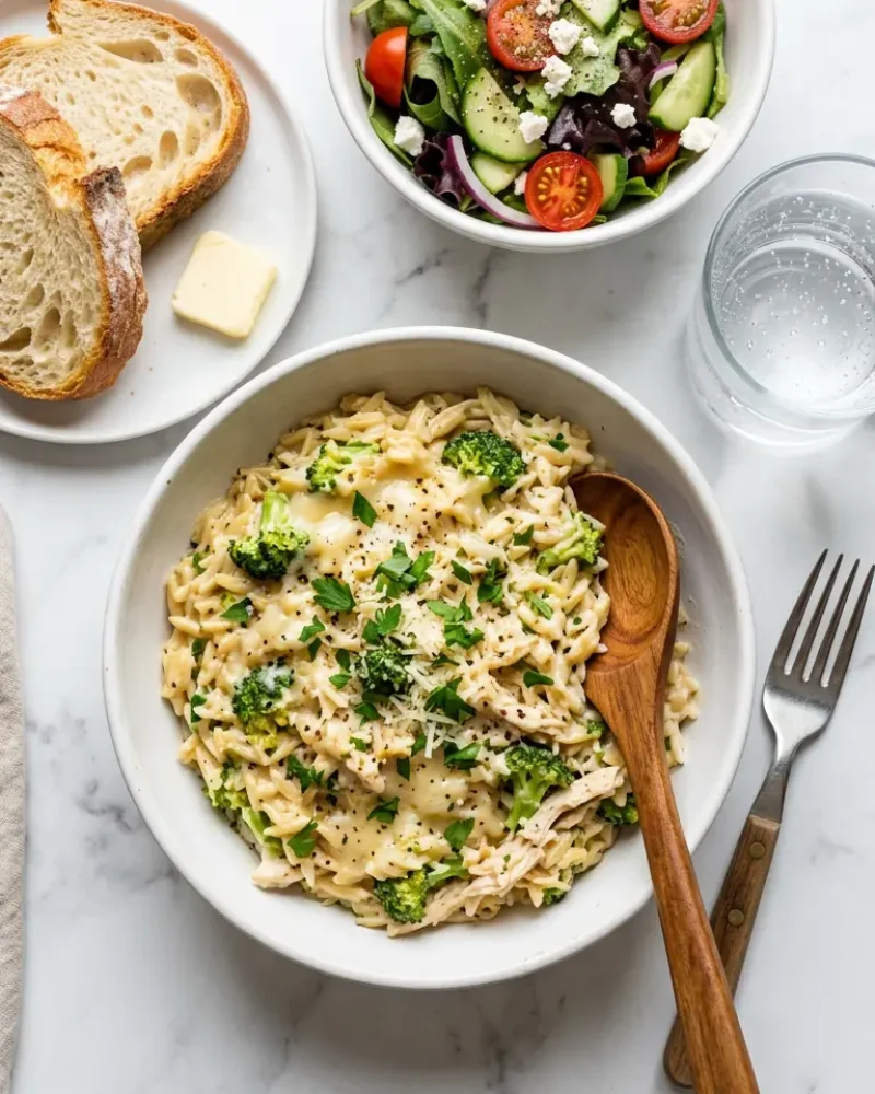 Overhead view of Cheesy Chicken Broccoli Orzo served in bowl with crusty bread and salad