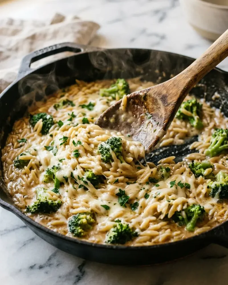 Stirring creamy cheese sauce coating pasta and broccoli in skillet