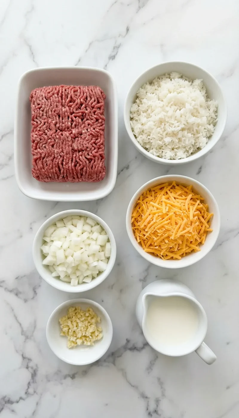 Raw ingredients for ground beef and rice casserole including beef, rice, and cheddar cheese on a marble surface.