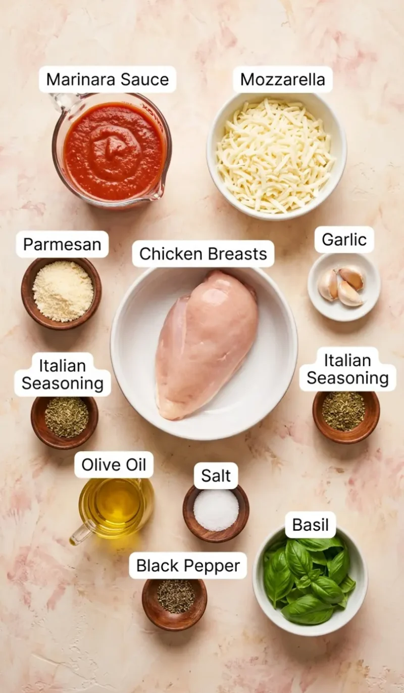 labelled overhead flatlay of all 10 ingredients for cheesy marinara chicken bake on a cream and blush plaster surface each ingredient named