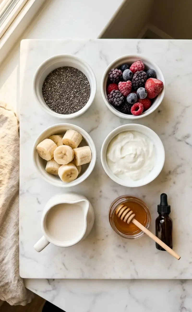 Overhead flatlay of all chia seed smoothie ingredients in white bowls on white marble surface