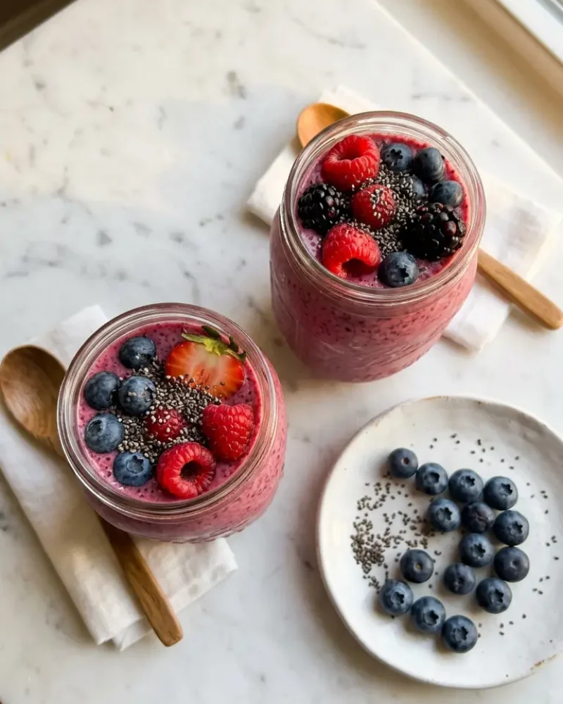 Overhead view of two chia seed smoothies in mason jars with fresh berry toppings ready to serve