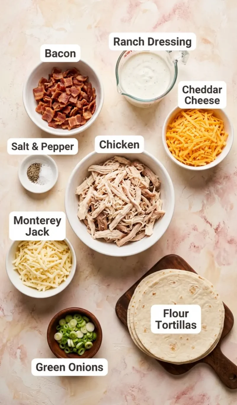 Labelled overhead flatlay of all 8 ingredients for chicken bacon ranch tacos on a cream and blush plaster surface, each ingredient named