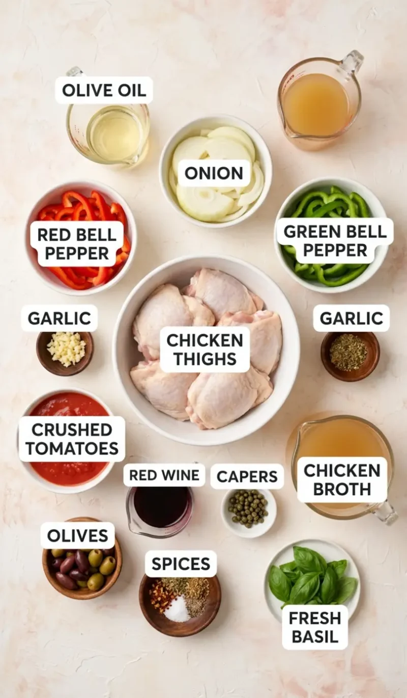 Labelled overhead flatlay of all 13 ingredients for Chicken Cacciatore on a cream and blush plaster surface, each ingredient named
