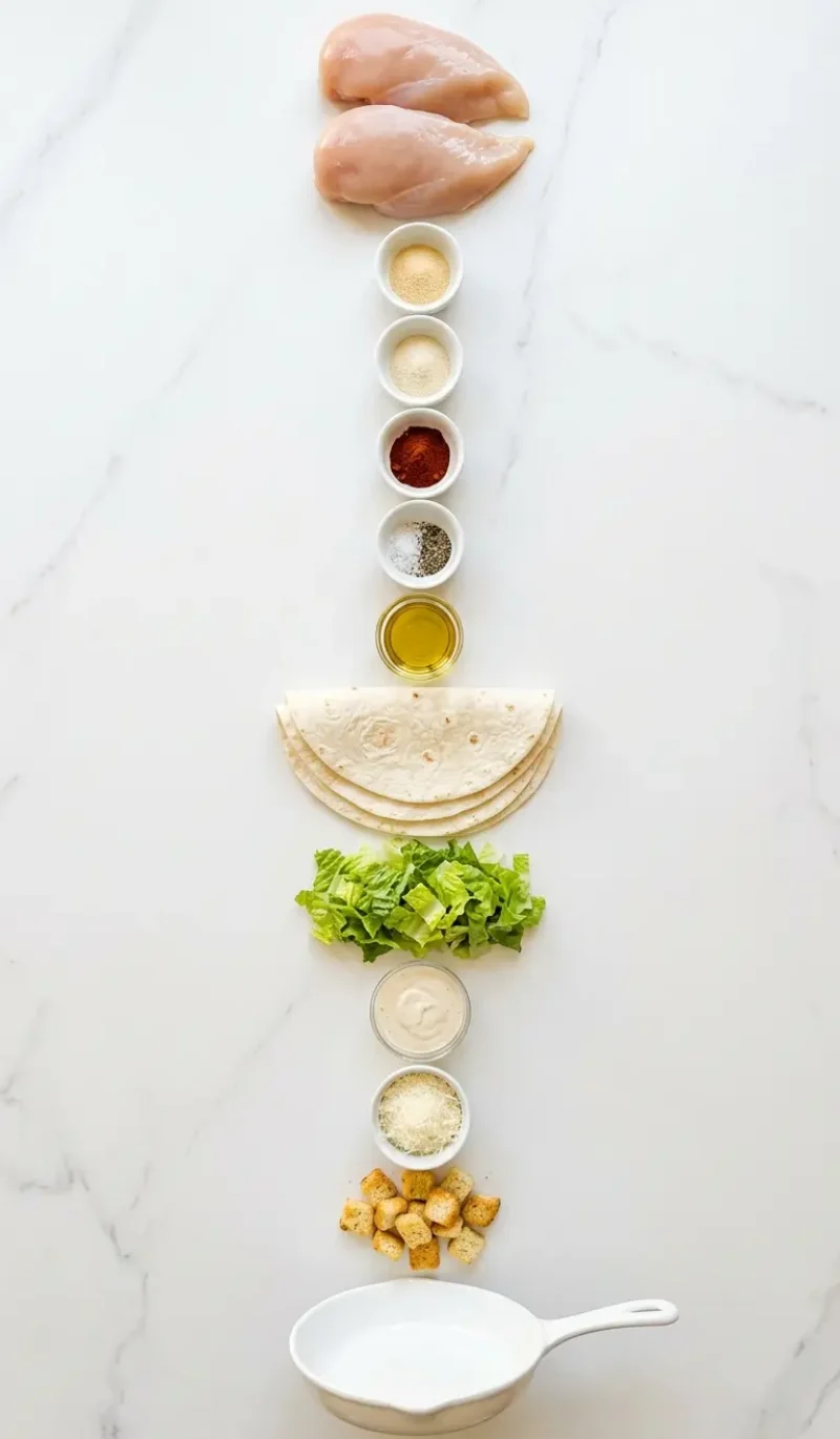 Exploded view of all 12 ingredients for chicken caesar wrap arranged vertically on white marble
