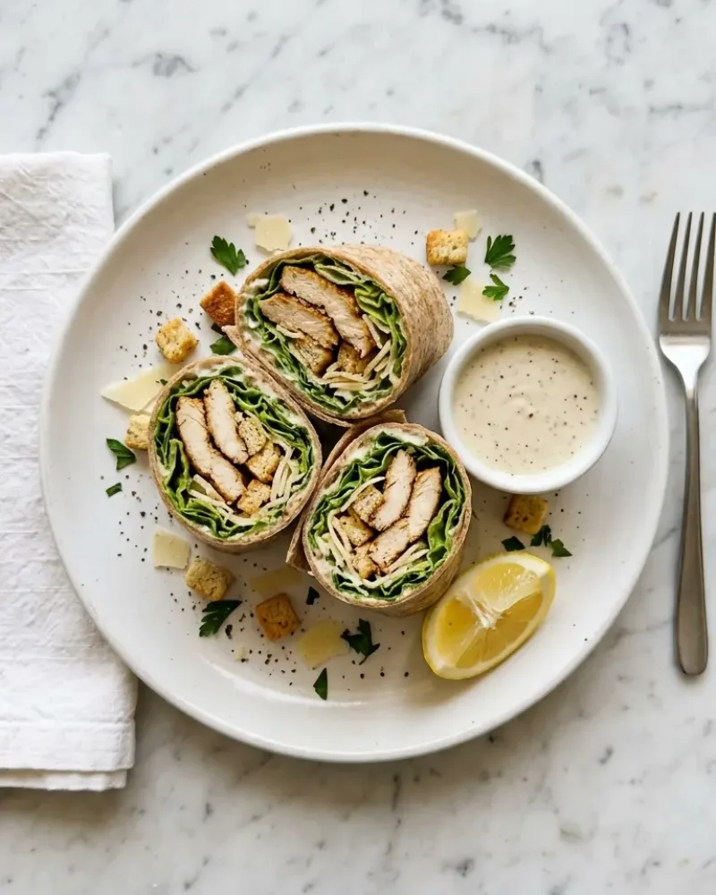 Overhead view of sliced chicken caesar wraps with Caesar dressing, croutons, and lemon wedge on white ceramic plate