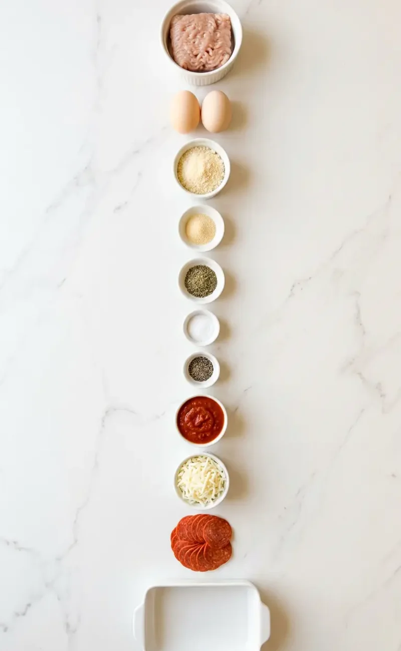 Exploded view of all 10 ingredients for chicken crust pizza recipe arranged vertically on white marble