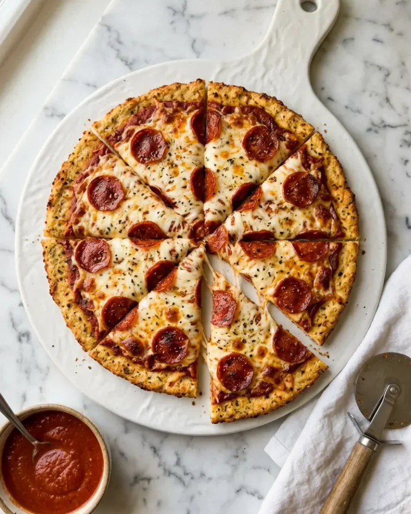 Overhead view of sliced chicken crust pizza on a white serving board with extra pizza sauce on the side