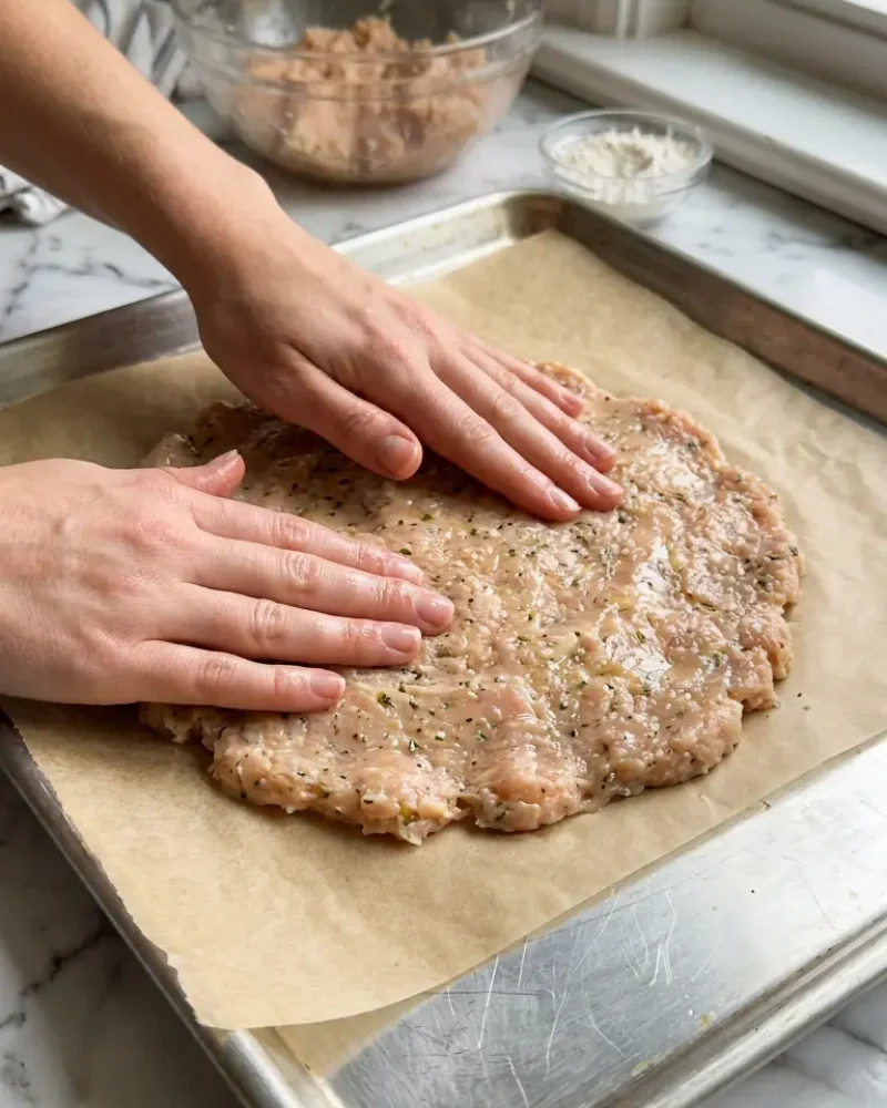 Hands pressing chicken crust pizza dough onto a parchment-lined baking sheet during preparation