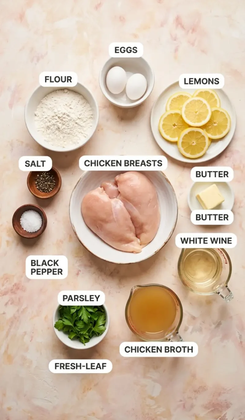 Labelled overhead flatlay of all 10 ingredients for Chicken Francese on a cream and blush plaster surface, each ingredient named
