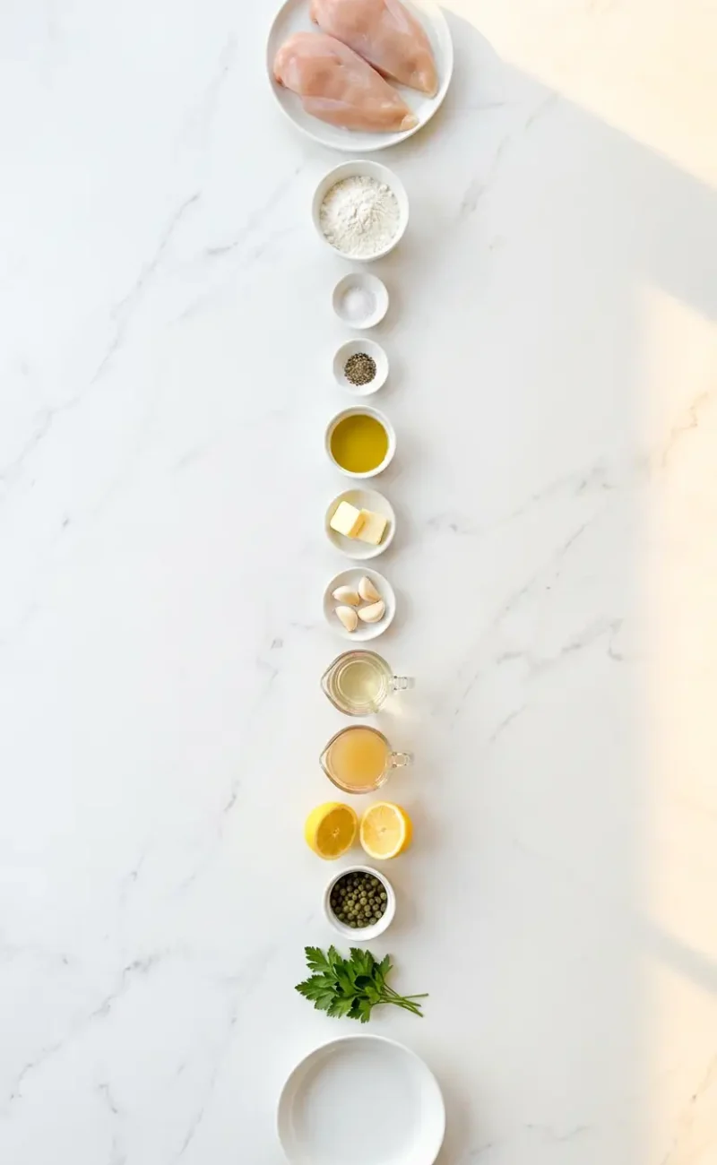 Exploded view of all 13 ingredients for healthy chicken piccata arranged vertically on white marble
