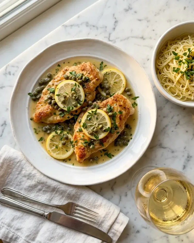 Overhead view of healthy chicken piccata plated with pasta and lemon slices on white marble