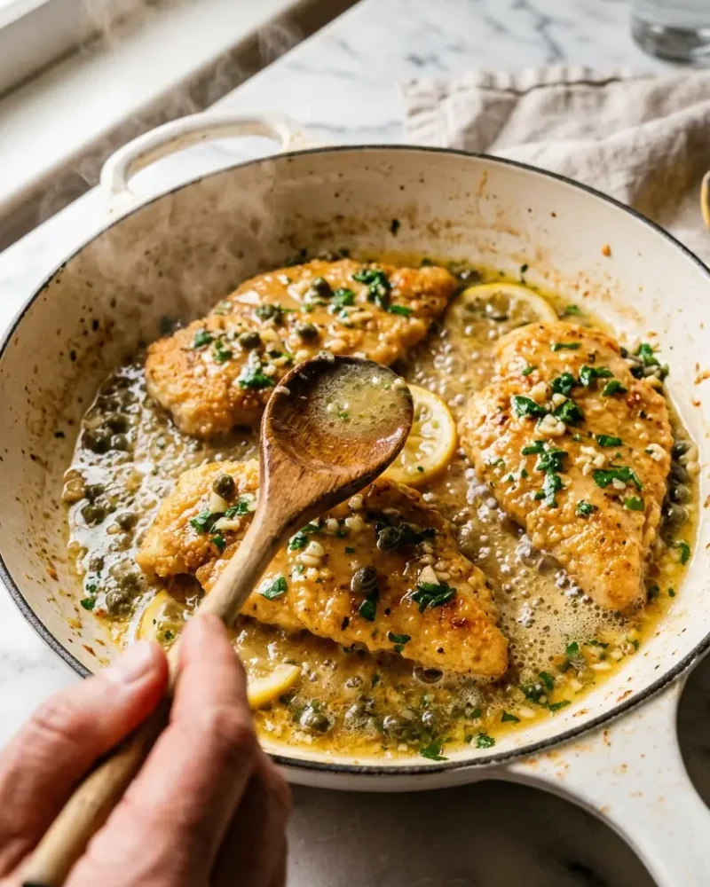 Chicken piccata sizzling in lemon caper sauce in a white skillet during cooking