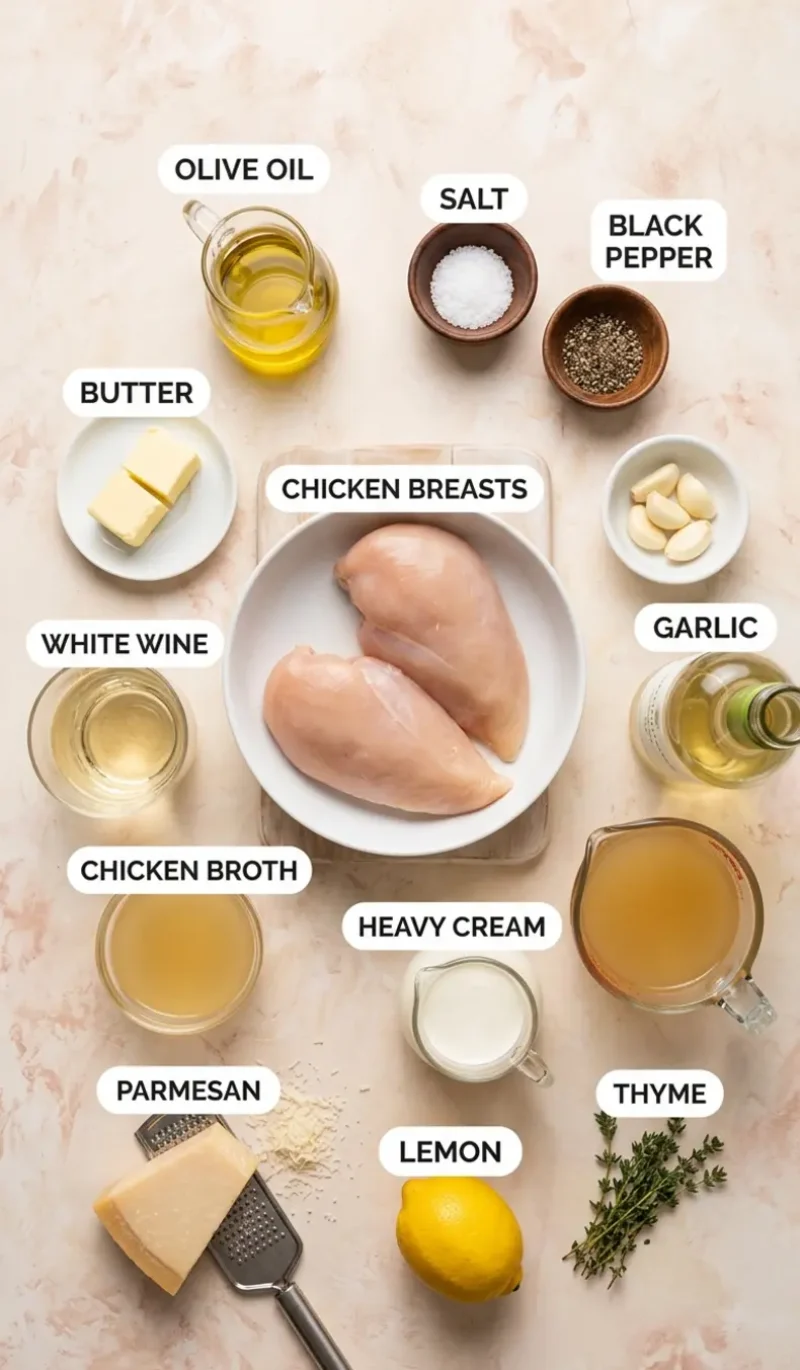 all 12 ingredients for chicken in white wine sauce arranged on a cream and blush plaster surface