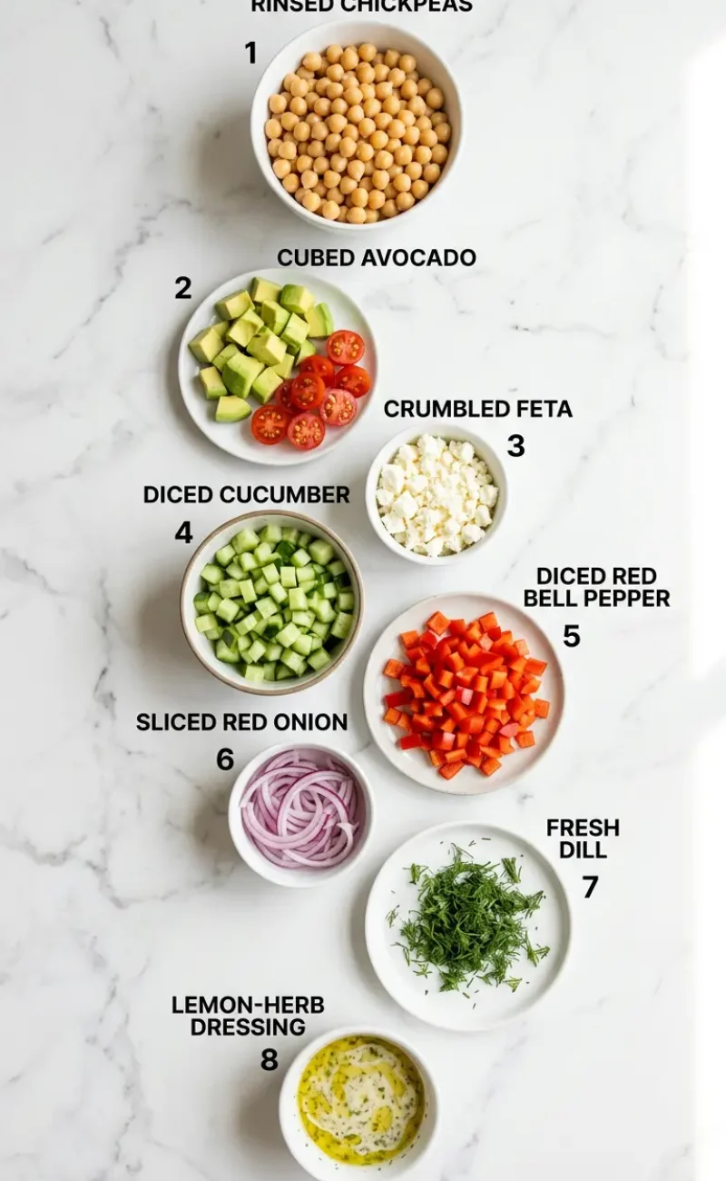 Exploded view of all ingredients for chickpea feta avocado salad arranged vertically