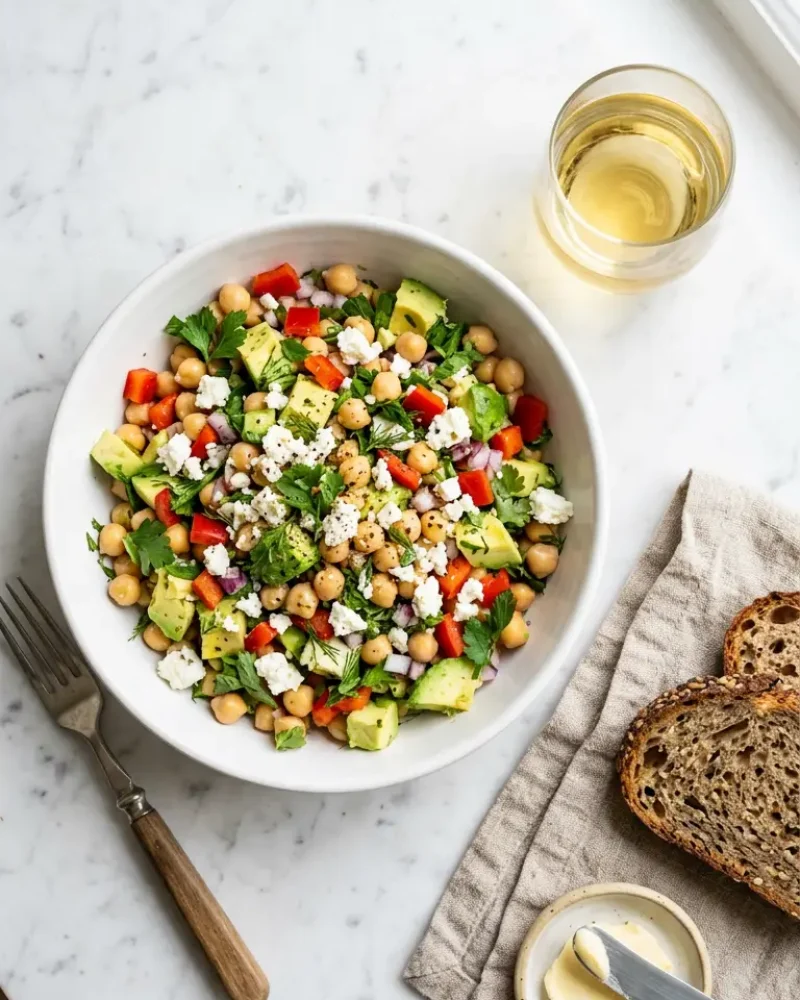 Overhead view of chickpea feta avocado salad with fresh ingredients and sides