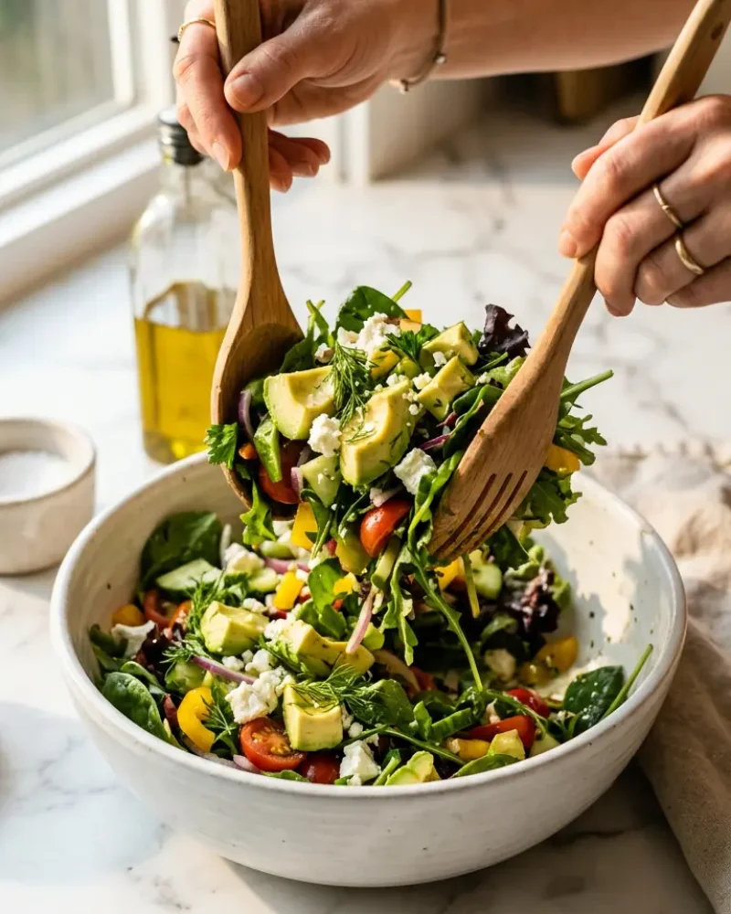 Hands tossing chickpea feta avocado salad in a bowl with wooden utensils