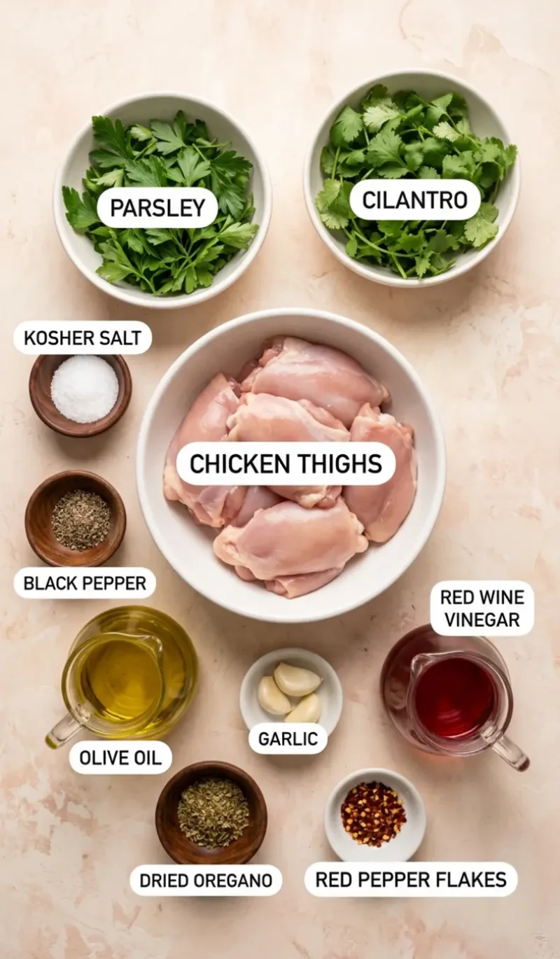 Labelled overhead flatlay of all 10 ingredients for chimichurri chicken thighs on a cream and blush plaster surface