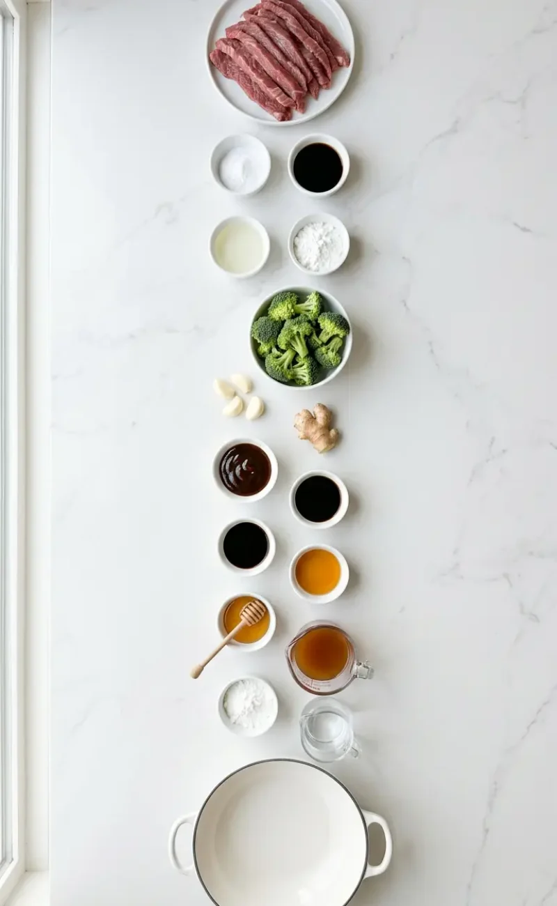 Exploded view of all 16 ingredients for Chinese beef and broccoli arranged vertically on white marble