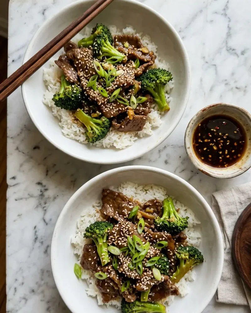 Overhead view of two bowls of Chinese beef and broccoli over rice with chopsticks on white marble