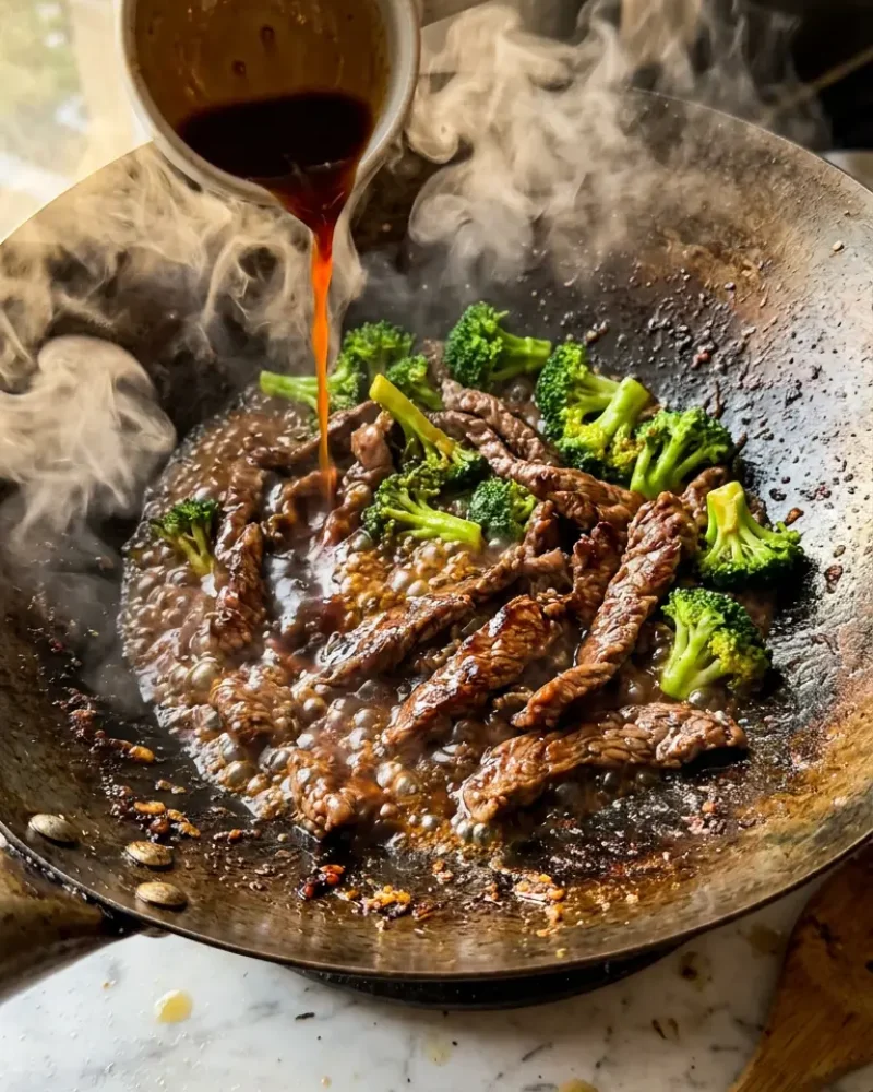 Beef and broccoli sizzling in a wok as glossy sauce is poured over during cooking