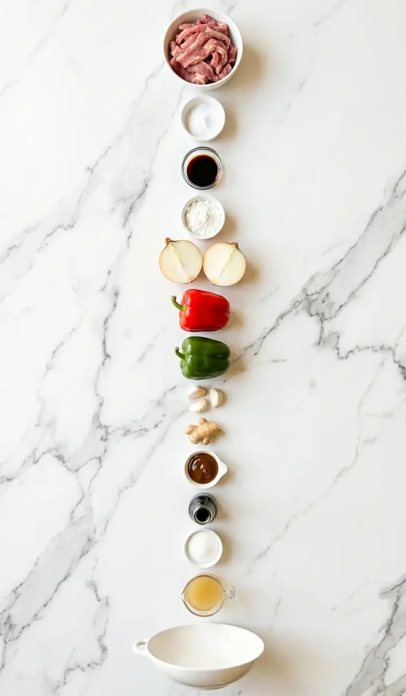 Exploded view of all 14 ingredients for Sizzling Chinese Pepper Steak arranged vertically on white marble