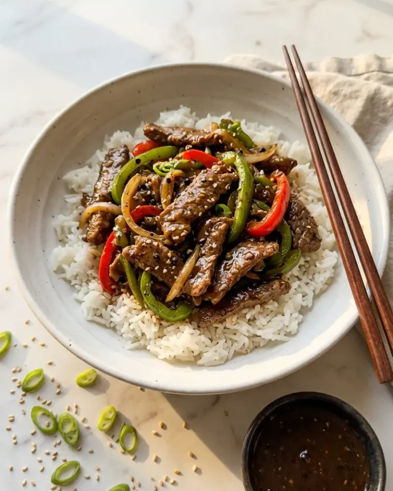 Overhead view of Chinese pepper steak with onions over jasmine rice with chopsticks and garnishes