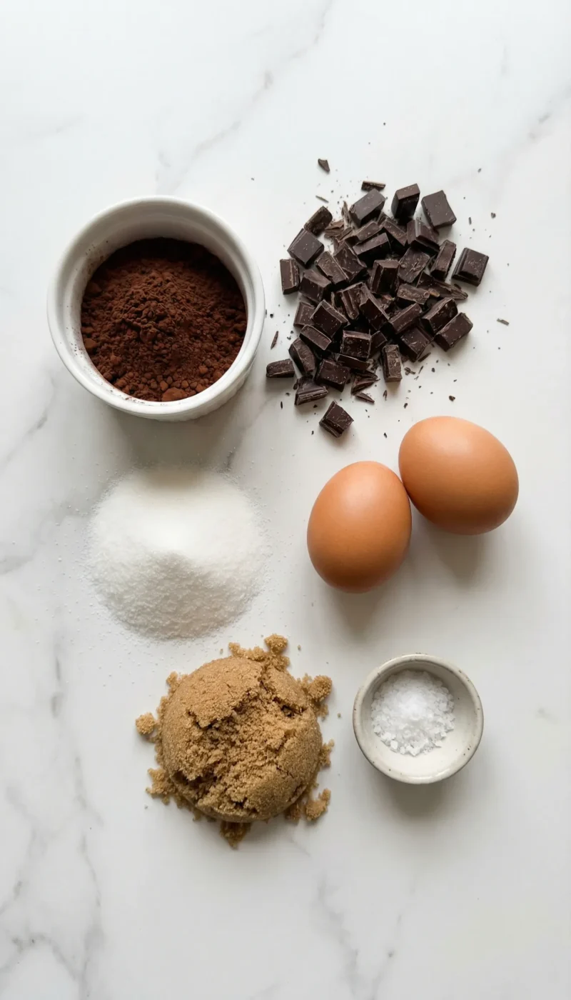 Raw ingredients for Chocolate Brownie Cookies including chopped dark chocolate, cocoa powder, sugars, and eggs on marble.
