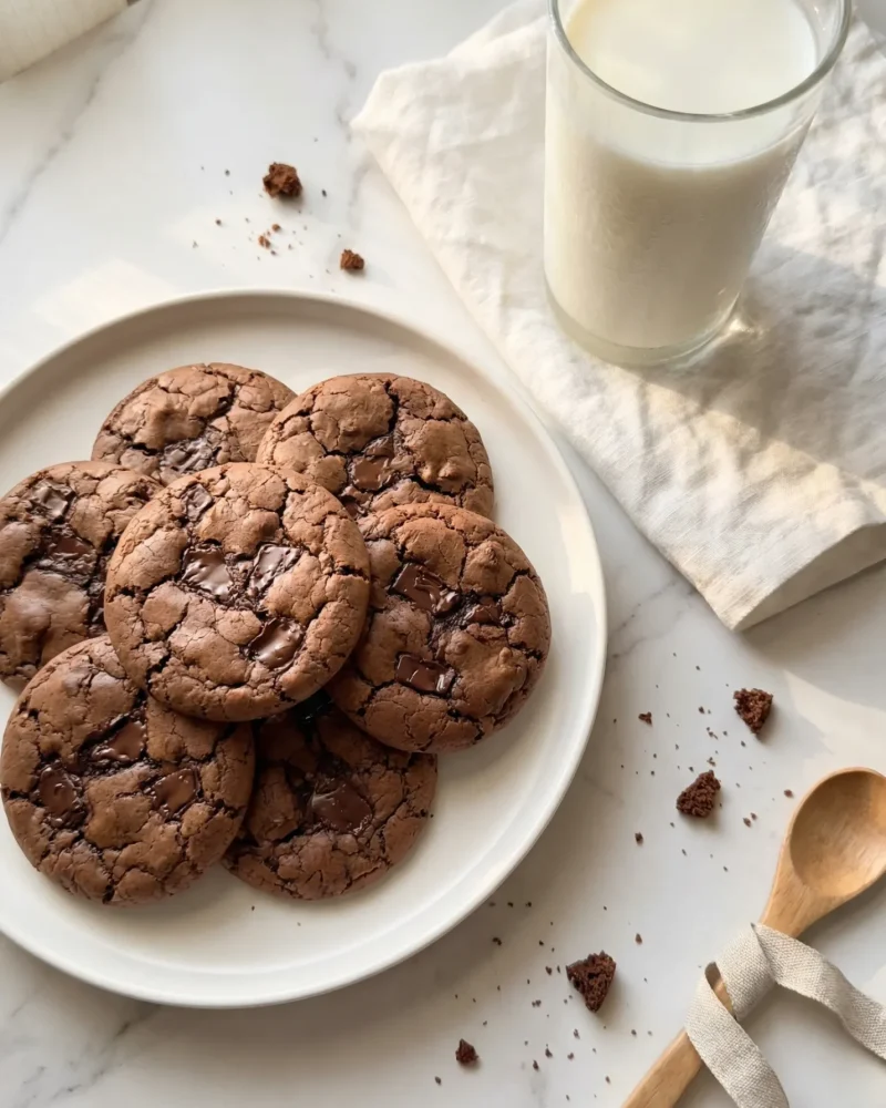 An inviting plate of Chocolate Brownie Cookies served next to a tall glass of cold milk on a marble counter.