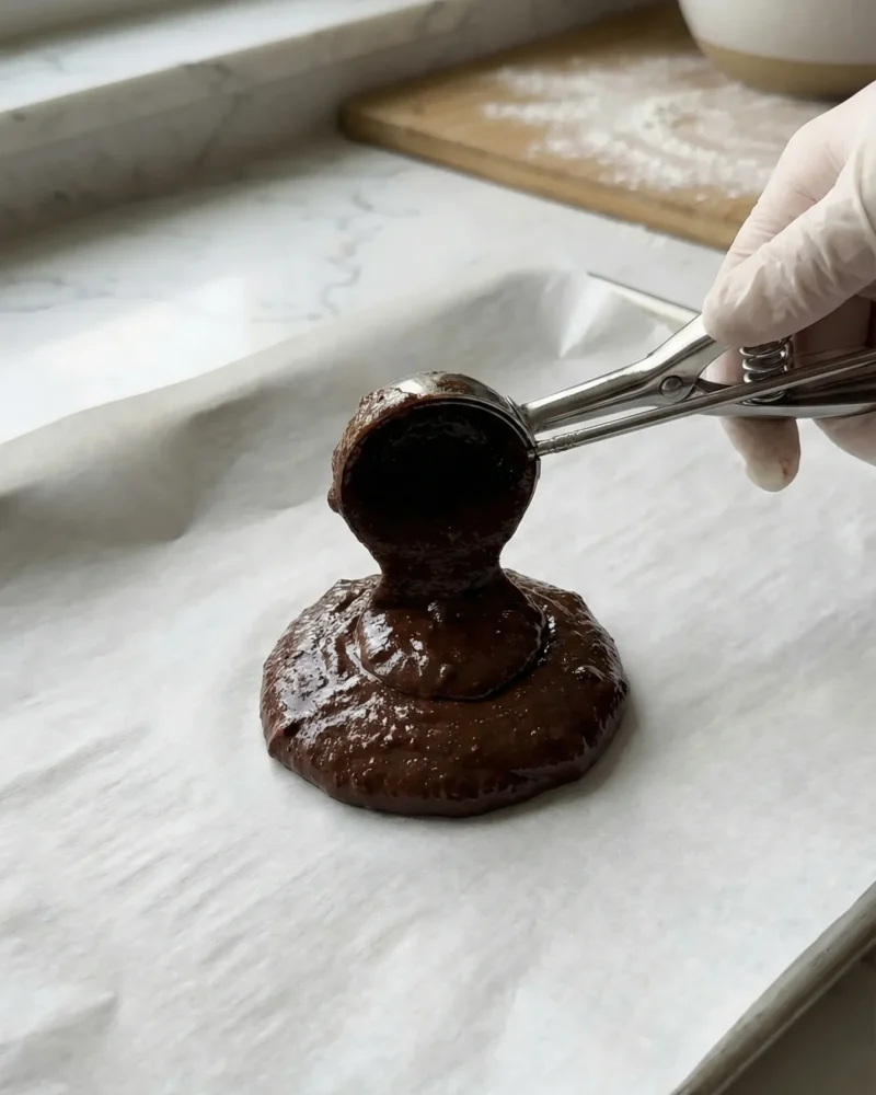 Scooping thick, glossy Chocolate Brownie Cookie batter onto a parchment lined baking tray.