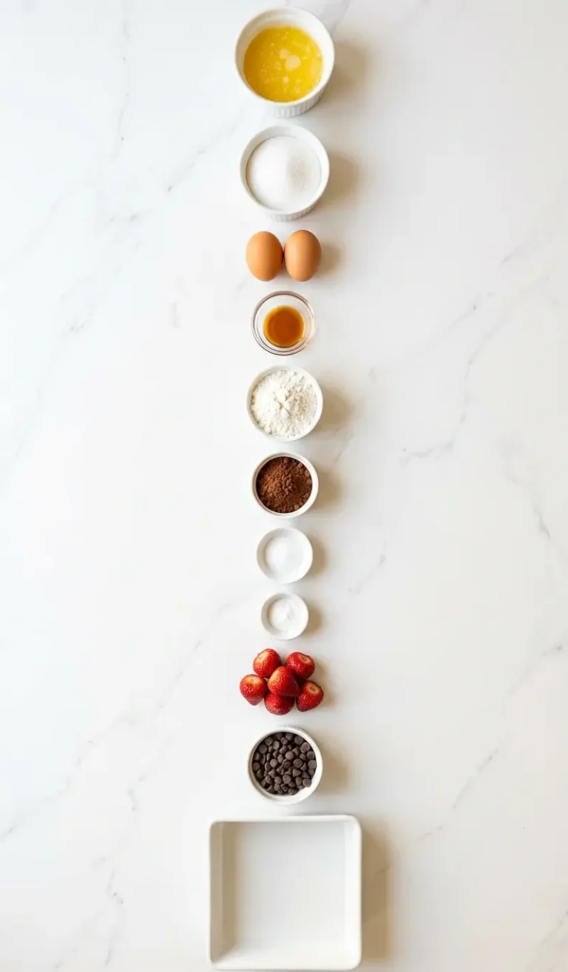 exploded view of all 11 ingredients for chocolate covered strawberry brownies on white marble
