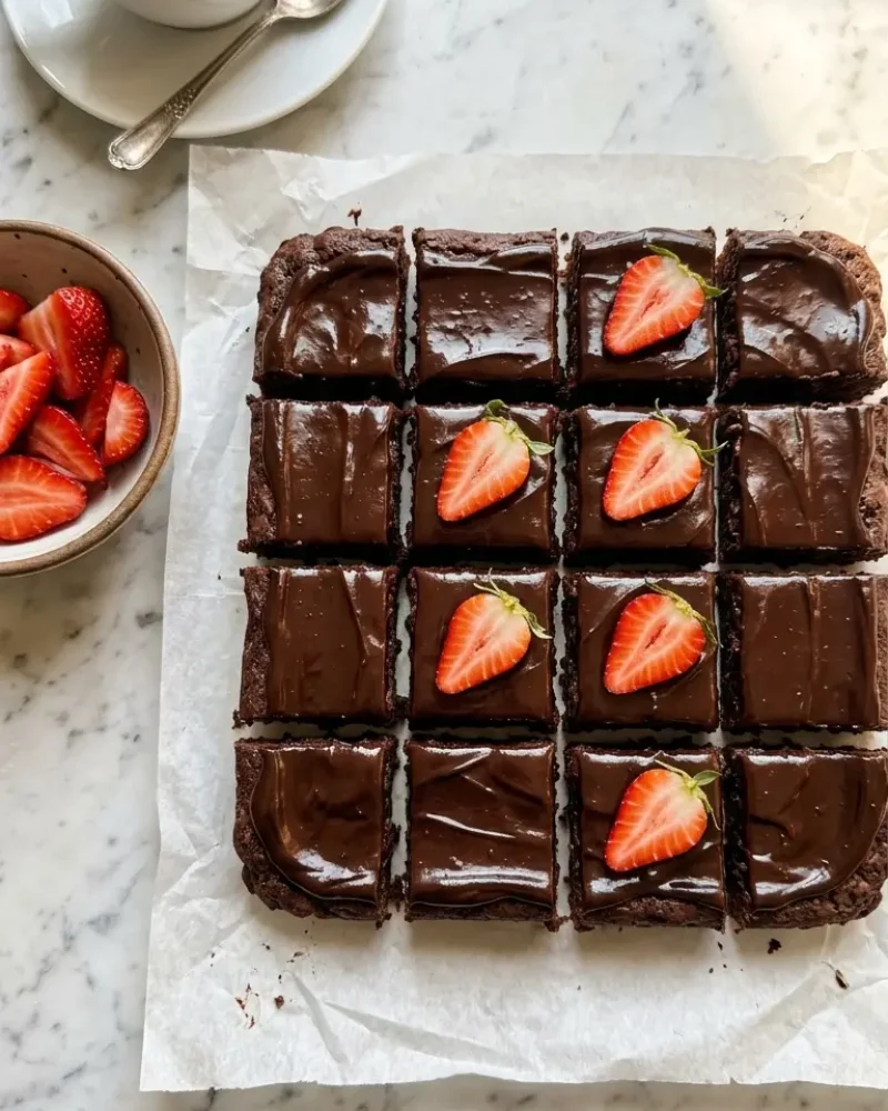overhead view of chocolate covered strawberry brownies cut into squares with ganache topping and fresh strawberries