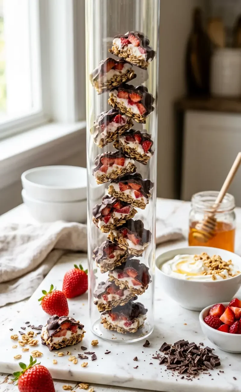 Exploded view of all ingredients for chocolate strawberry yogurt clusters arranged vertically