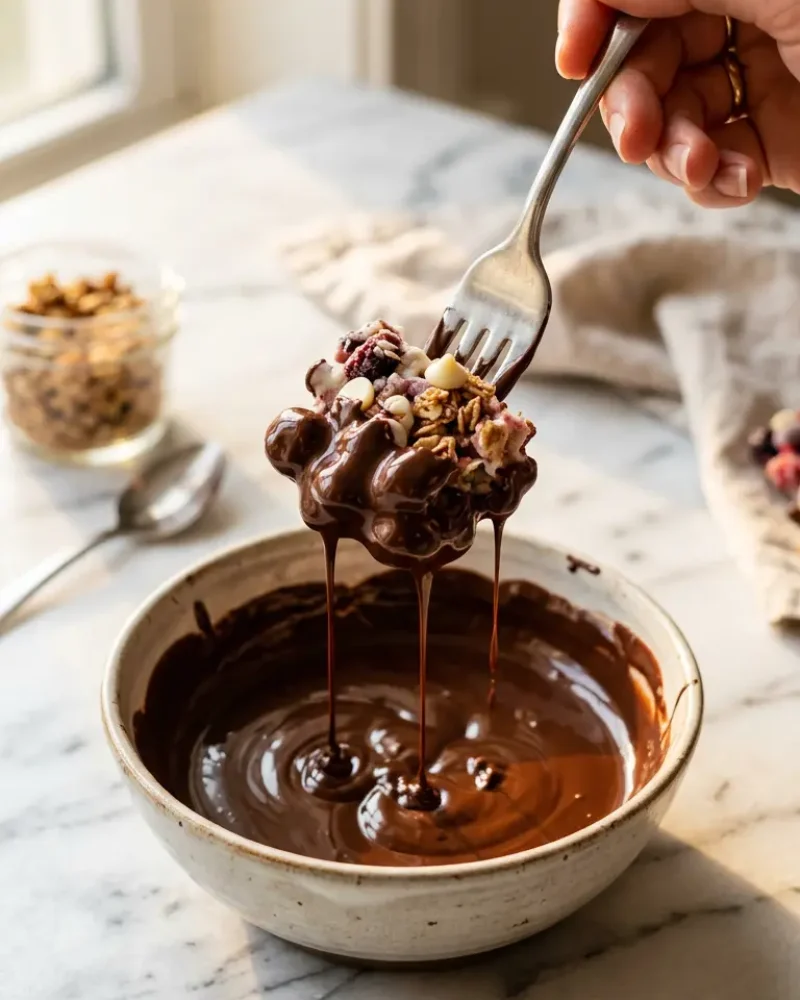 Dipping frozen yogurt cluster into melted chocolate during preparation