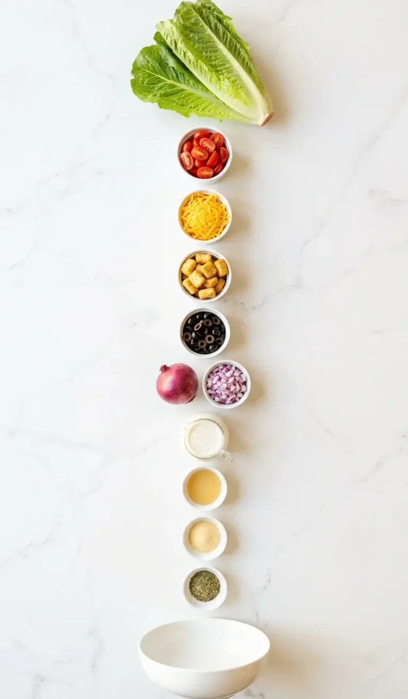 Exploded view of all 11 ingredients for chopped salad Texas Roadhouse arranged vertically on white marble