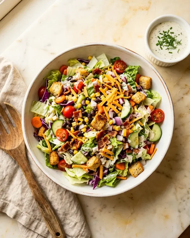 overhead view of chopped salad Texas Roadhouse copycat with ranch dressing on the side
