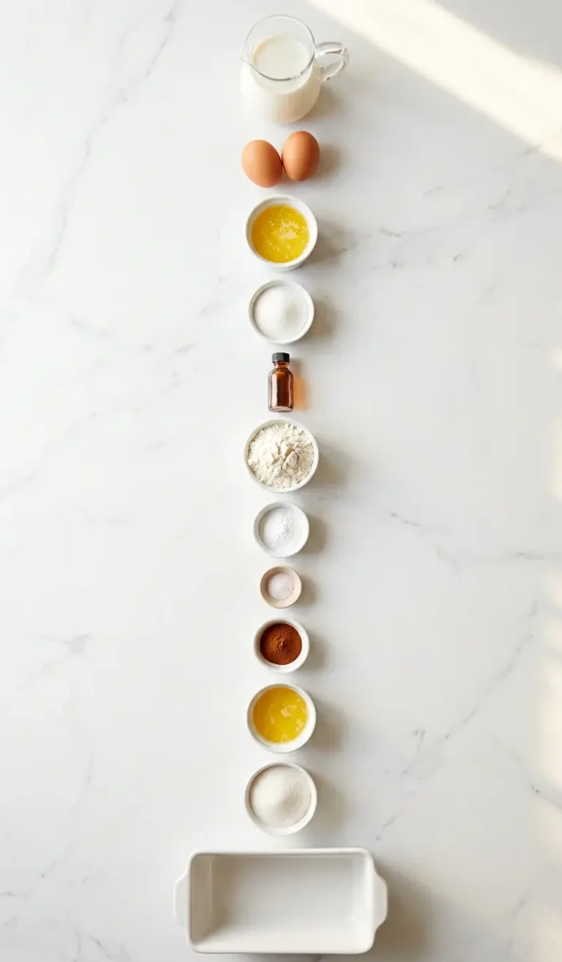 Exploded view of all 12 ingredients for cozy cinnamon sugar donut bread arranged vertically on white marble