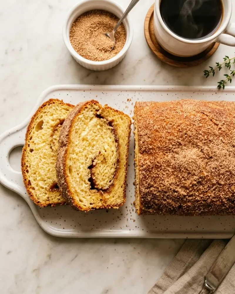 overhead view of cozy cinnamon sugar donut bread sliced with coffee and cinnamon sugar on white marble