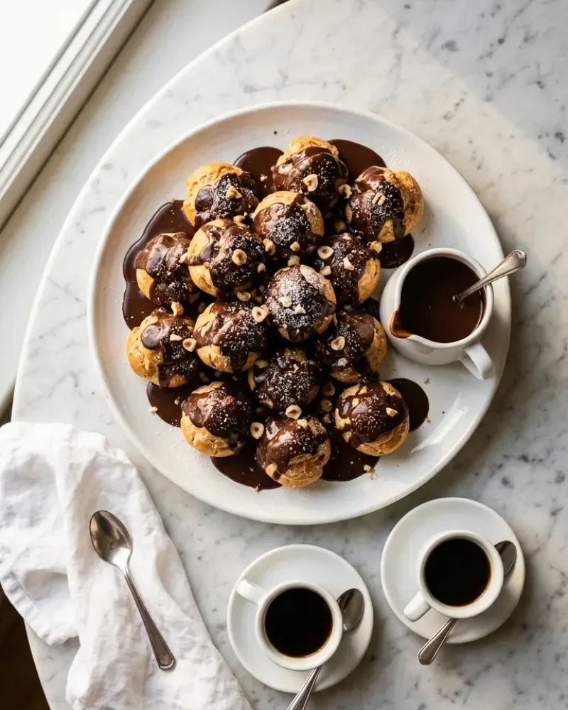 Overhead view of classic French profiteroles with chocolate sauce and espresso cups on white marble table