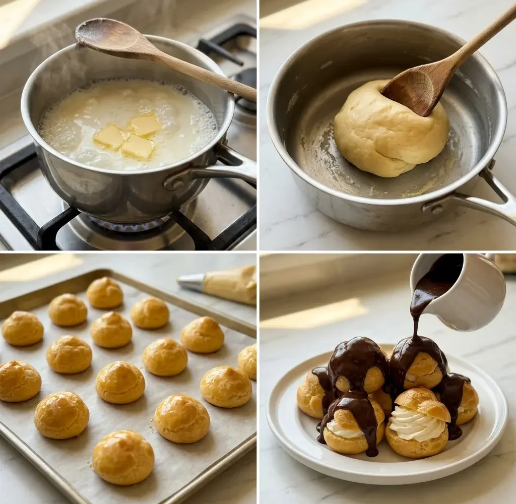 4-step cooking process collage for classic French profiteroles showing dough making, drying, piping, and finishing with chocolate sauce