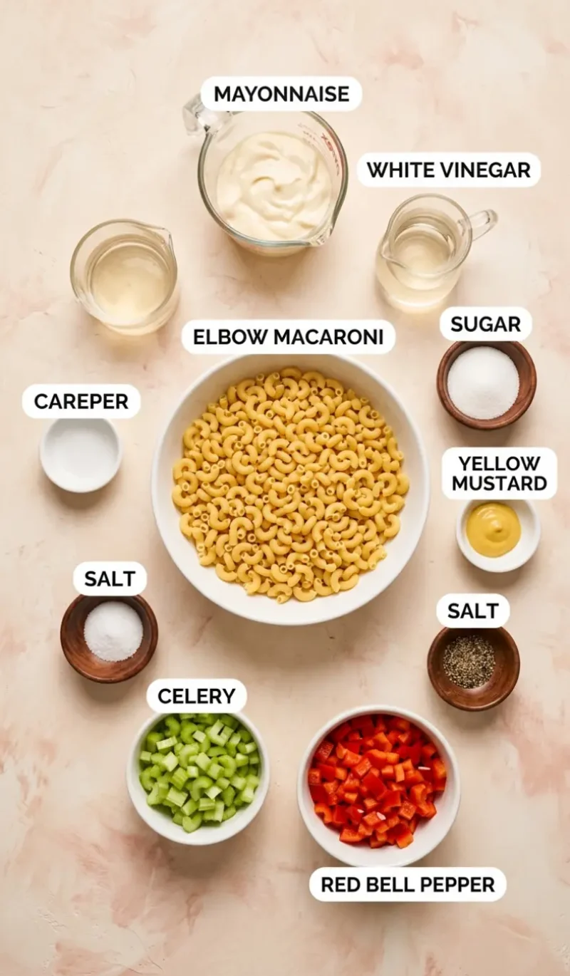Labelled overhead flatlay of all 9 ingredients for classic macaroni salad on a cream and blush plaster surface, each ingredient named