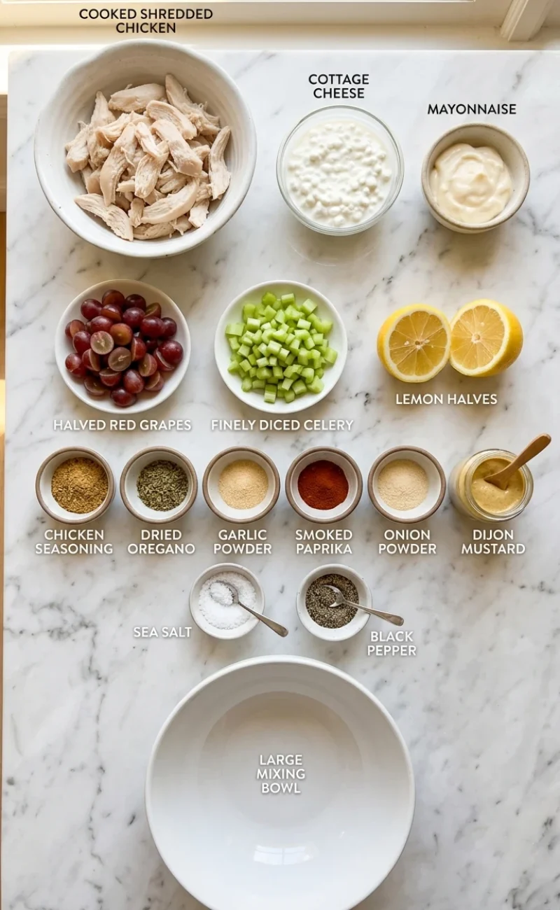 Overhead flat-lay of all 14 ingredients for classic protein chicken salad on white marble including chicken, cottage cheese, grapes, and spices.