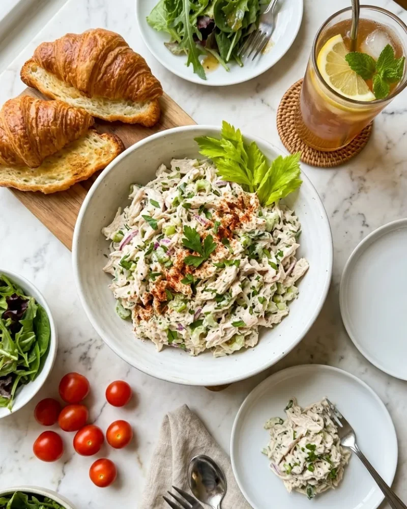 Overhead view of a classic protein chicken salad lunch spread with croissants, greens, and iced tea lemonade on white marble.