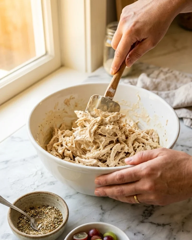 Hands folding creamy cottage cheese dressing into shredded chicken for classic protein chicken salad in a white bowl. **Filename: